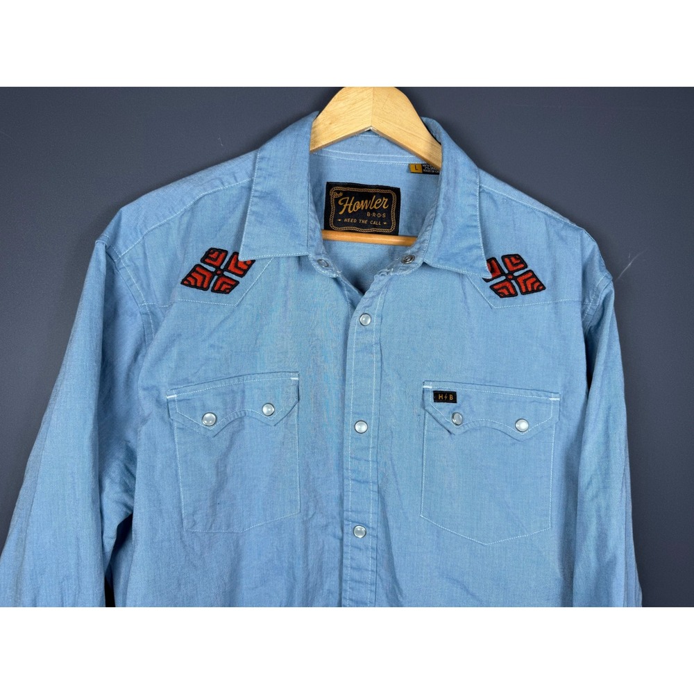 Howler Brothers Gaucho Snapshirt Mens Large Light Blue Embroidered Western Pearl